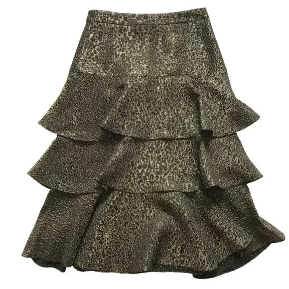 Charlotte Brody Cascade Ruffle Midi Skirt Womens 8 Black Gold High Rise Tiered